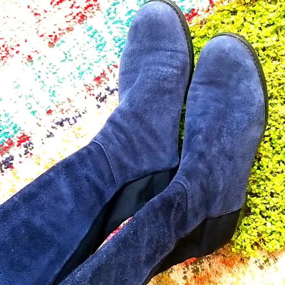 STUART WEITZMAN 50/50 Navy BLUE Suede Black Stretch Back Comfy Iconic OTK BOOT 7 - Picture 9 of 16